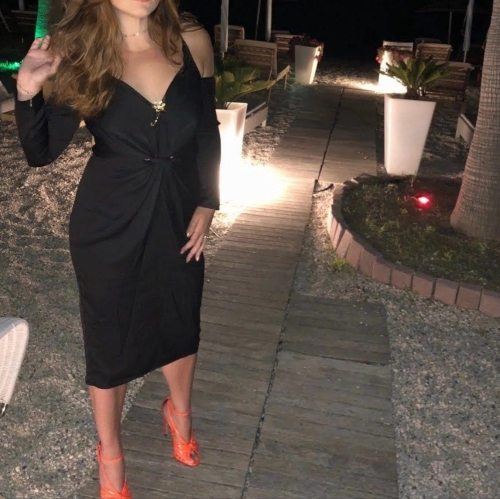 ASOS CUT OUT SHOULDER DEEP V NECKLINE MIDI DRESS